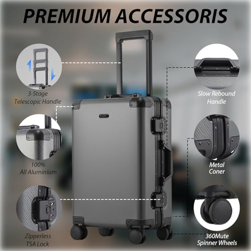 Tmore Aluminum Frame Luggage with No Need to Check in, Hardside Suitcase with Spinner Wheels, Metal Travel Luggage with Double Tsa Locks, 20 Inch, Gray Small3