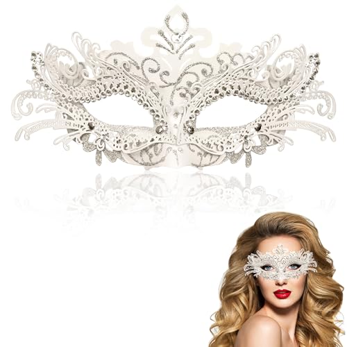 Goenb Masquerade Mask for Women - Venetian Mardi Gras Mask with Metal Rhinestones for Costume Party (White)