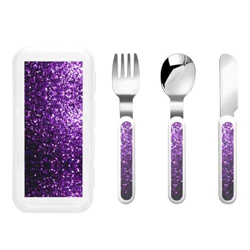 Schönes Besteck-Set, mit violettem Glitzer-Druck, sichere Löffel und Gabeln, Messer, Edelstahl, spülmaschinenfest