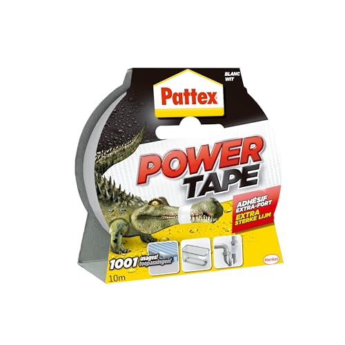 Pattex – Adhésif de réparation Power Tape blanc (rouleau de 10 m) – Ruban toilé tous supports – Rouleau adhésif extra fort pour charges lourdes