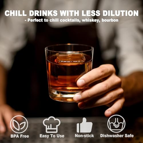 Image of Large Ice Cube Tray for Whiskey: Silicone Ice Cube Trays with Lid - 2Pack Big Square Old Fashioned Ice Cube Maker for Cocktail - 2inch Huge Cubed Ice Trays for Whisky (Grey-8 Grid)