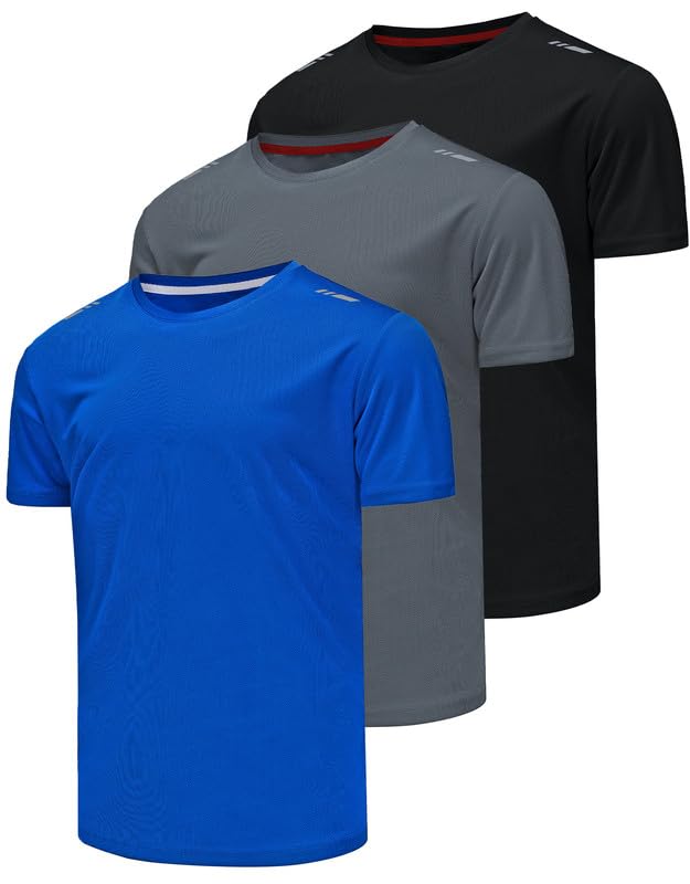 Csqtongan 3er Pack Sport Tshirts Herren Funktionsshirt Sportshirt Kurzarm T-Shirt Schnelltrocknend Atmungsaktiv Sport Shirt Männer Laufshirt Gym Trainingsshirt Herren, Schwarz/Grau/Blau L