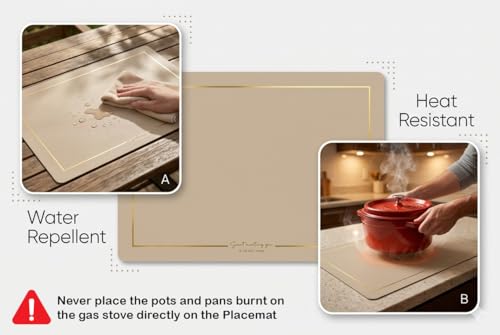 Image of Dribble Premium PU Leather Placemats Set of 4, Double Layer Waterproof Heat Resistant, Non-Slip Easy Clean Dining Table Mats for Kitchen, Dining & Office Desk, Reversible & Smooth Finish (Light Beige)