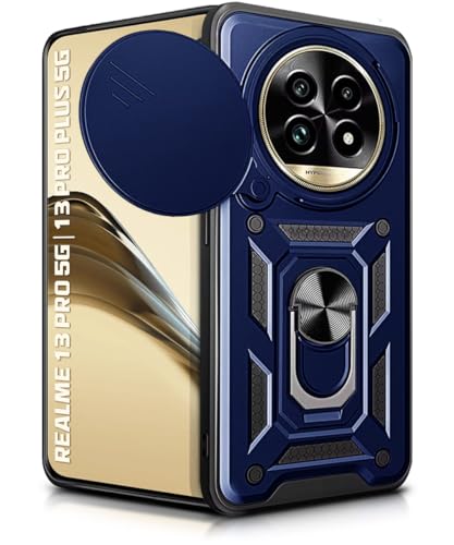 Image of WOW IMAGINE Tough Armor Bumper Mobile Back Case for Realme 13 Pro 5G | 13 Pro Plus 5G | Sliding Camera Shield Cover | Shock Proof 360 Protection | Hybrid PC + TPU | Ring Holder with Kickstand - Blue