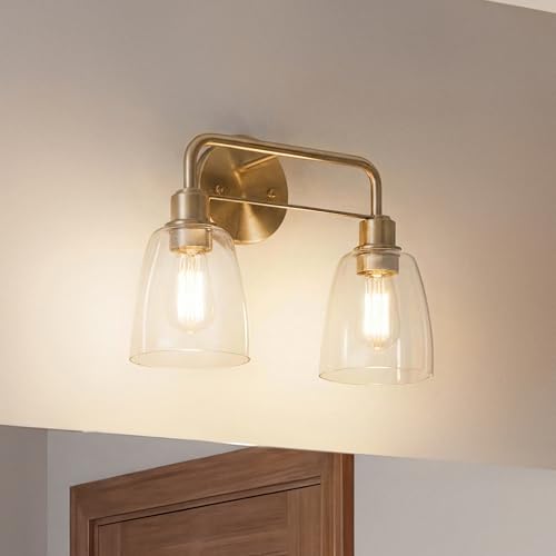 Image of Kichler Meller 2-Light Bathroom Vanity Light, Champagne Bronze | Industrial vanity light with clear glass for bathroom mirrors (11.25 inch x 7 inch x 5.5 inch), 55101CPZ