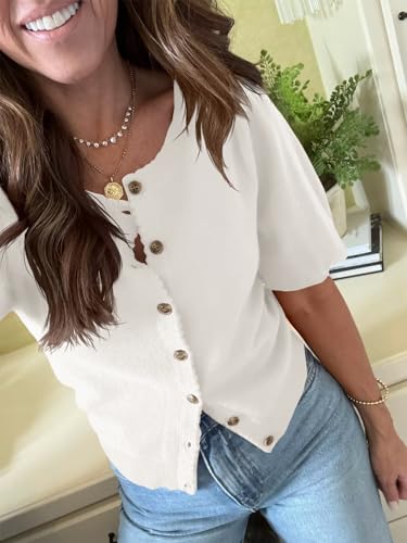 Image of Saodimallsu Womens Puff Short Sleeve Cardigan Lightweight Summer Button Down Shirts Knit Crew Neck Sweater Tops