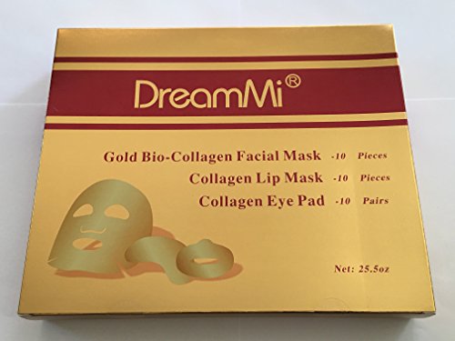 DreamMi (10 + 10 + 10 Comes in a Box) 10 Pieces Gold Bio-Collagen Face Facial Mask + 10 Pieces Gold Lip Mask + 10 Pairs Gold Eye Pad, Anti Wrinkle/Aging, Deep Moisture, By DreamMi
