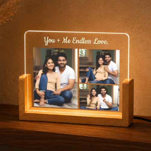 Image of Giftplease Personalized LED Acrylic Photo Frame with Custom Picture and Text, Romantic Couple Night Lamp, Wooden Base Memory Display, USB Table Decor for Anniversary, Wedding, Bedroom Home