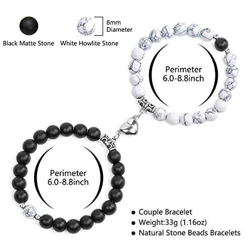 Flyemmet 2Pcs Attract Magnetic Couple Bracelets For Women Men, Distance Matching Relationship 8Mm Beads Couples Friendship Bracelet Jewelry Set For Him And Her (Howlite & Black Matte Heart Bracelet) #TOP1