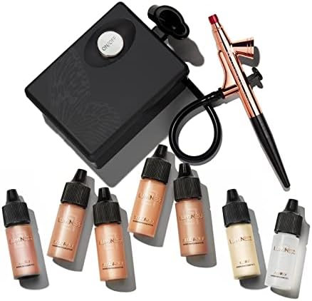Luminess Air Basic Airbrush Makeup Kit and 9-Piece Silk 4-In-1 Airbrush Foundation Starter System, Tan Coverage - Quick, Easy and Long Lasting Application - Includes Primer, Blush and Glow