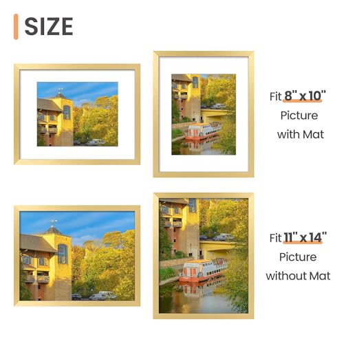 Image of upsimples 11x14 Picture Frame Set of 5, Display Pictures 8x10 with Mat or 11x14 Without Mat, Wall Gallery Photo Frames, Gold