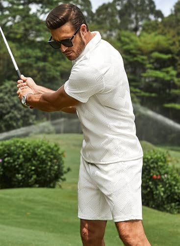 JMIERR Mens Vacation Outfits 2 Pieces Casual Quarter Zip Polo Shirt and Shorts Set Athletic Jogging Summer Tracksuit, Medium, A White — view 4