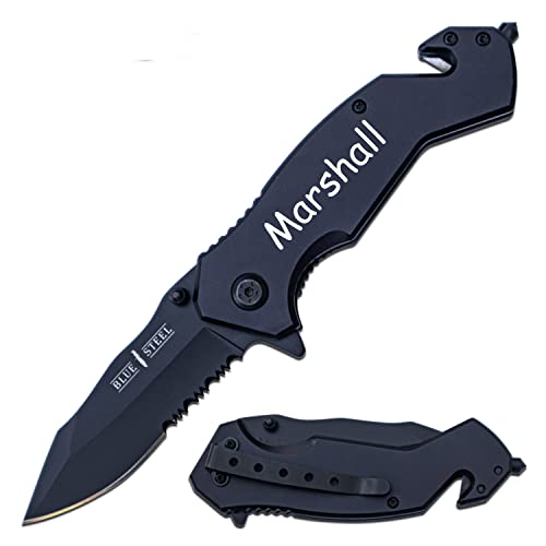 GIFT INFINITY Personalized Pocket Knife with Free Engraving – Stainless Steel Half Serrated Blade, Black Titanium Coated Handle, Seat Belt Cutter & Glass Breaker – Custom Engraved Groomsmen, Anniversary, Birthday Gift