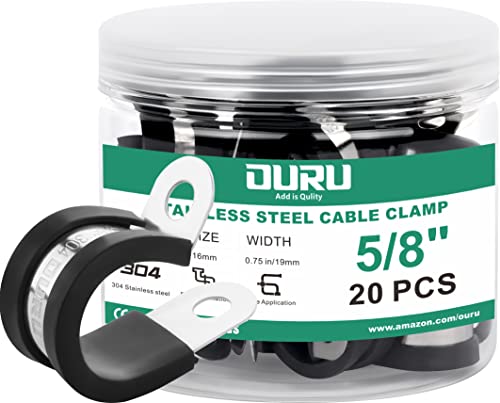 Ouru 20Pcs 5/8 Inch Stainless Steel Cable Clamps,Rubber Coated Cushioned Insulated Cable Clamp,Automotive Cable Wire Clamps,Pipe Clamps,Metal Clamp For Tube,Lines,Wire Cord Installation(Black,16Mm)