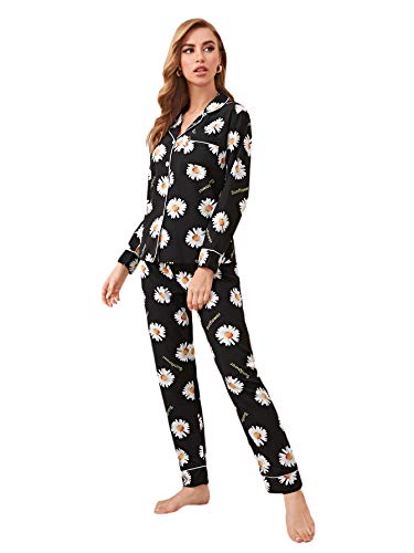 Floerns Women's Button Down Long Sleeve Nightwear Top Pants Lounge Pajama Set Black M