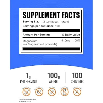 BulkSupplements.com Magnesium Hydroxide Powder - Magnesium Hydroxide Supplement - Food Grade & Gluten Free, 1g per Serving, 100g (3.5 oz) (Pack of 1)