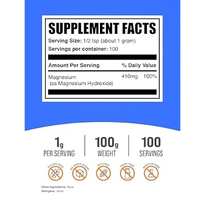 BulkSupplements.com Magnesium Hydroxide Powder - Magnesium Hydroxide Supplement - Food Grade & Gluten Free, 1g per Serving, 100g (3.5 oz) (Pack of 1)