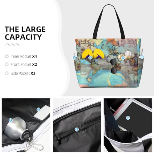 Large Capacity Beach Bag - print Waterproof Travel Bag Cartoon world map Multi-Pocket Tote for Vacation Gym Women3
