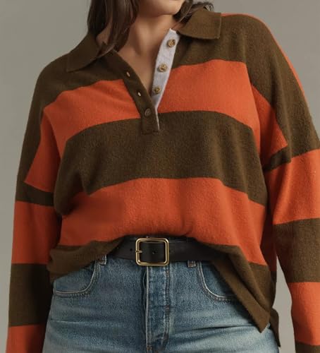Women Striped Sweater Long Sleeve Lapel Polo V Neck Strip Knit Pullover Casual Layer Top Jumper Y2K Shirt Khaki4