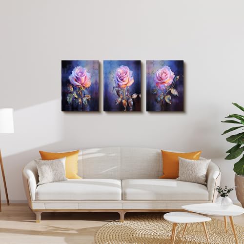 DZRWUBHS Large Canvas Wall Art Painting Wall Decor for Bedroom Living Room Rose Flowers Wall Pictures Modern Office Floral Wall Decorations Farmhouse Minimalist Vintage Posters Ready To Hang 3 Piece