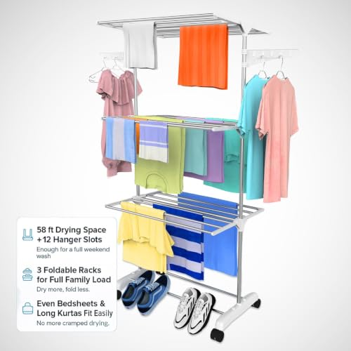 Image of H Houseware Single Pole Stainless Steel 3 Tier Cloth Drying Stand with Wheels | Foldable Clothes Dryer & Laundry Rack | Rustproof & Portable | 43.2D x 78.7W x 165H cm(White)