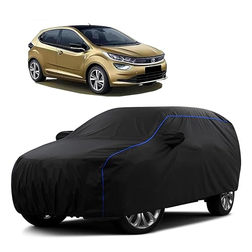 Image of Sulfar 100% Water Resistant Car Body Cover Compatible with Mirror for Tata Altroz (Triple Stitched, Full Bottom Elastic, Black Tafetta with Blue Piping)
