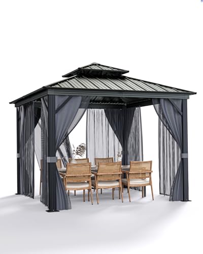 12x12 Ft Hardtop Gazebos with Heavy Duty Double Roof, Nettings and Curtains Galvanized Steel Outdoor Gazebos for Patio, Backyard, Deck, Lawn (Gray)