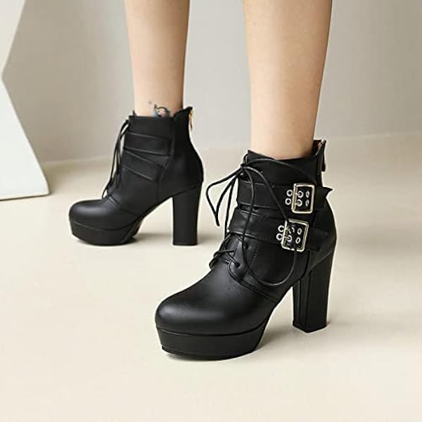 Damesplatform Ankle Boots met verstelbare riemgesp Kace Up Block Heel Combat Boots Zip Knight Laarzen,zwart,43 EU