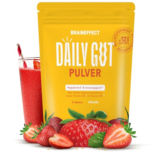 Braineffect Daily Gut – Leckeres Probiotika GeträNkepulver Mit Ballaststoffen Und Vitamine B6 + B12, MilchsäUrebakterien Zur UnterstüTzung Des Darms, Erdbeergeschmack – 240 Gramm-image