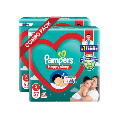 Image of Pampers Happy Sleep Pant Style Baby Diapers, Small (S), 62 Count, 1 Pampers : 1 Night Sleep, with Anti Rash Shield, 4-8 Kg Diapers (Pack of 2)