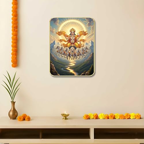 Image of SAF Divine Surya Dev Wall Art with Table Top Stand & Wall Hanging Hole | Premium MDF Sun God 7 Horses Vastu Painting for Living Room Office Home Decor Gift