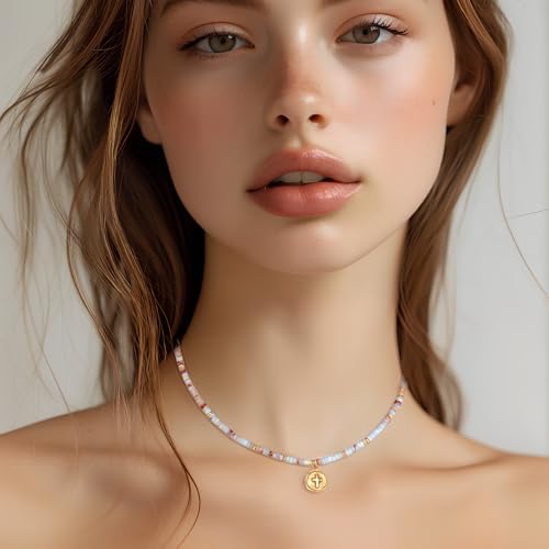 Natural Gemstone Necklaces for Women Agalmatolite Choker Handmade Cross Necklace Pagodite Boho Beaded Jewelry Faith Gifts2