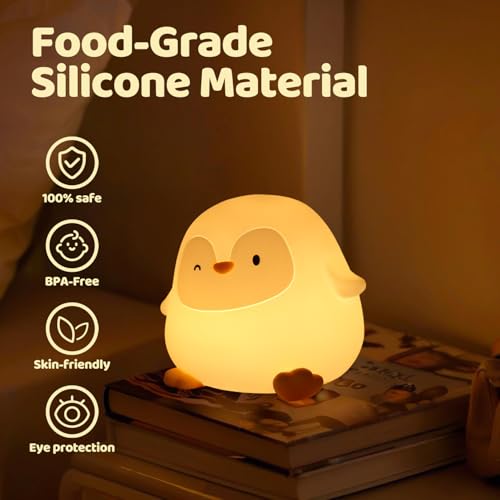 Image of Rytinazzz Silicone Night Light for Kids, 50H Long Battery Penguin Lamp, Gift for Kids, Rechargeable Tap Control, Soft Dimmable Bedside Light with Timer
