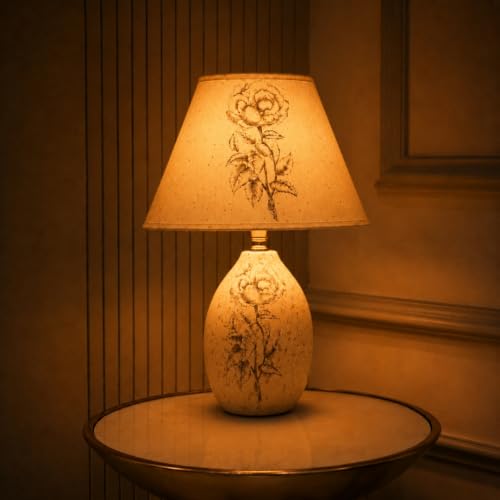 Image of ELARE Ceramic Table Lamp with Floral Printed Fabric Shade, LED Bulb Included, Bedside Lamp for Girls Bedroom, Living Room & Home Decor, White (38 cm)