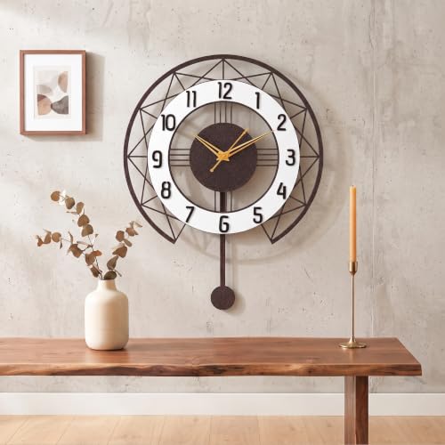 Image of Decorative Metal Wall Clock with Pendulum for Living Room | Modern Stylish Wall Clock for Bedroom, Hall, Office & Home Decor | Luxury Designer Analog Wall Clock (Antique Copper 18 Inch)