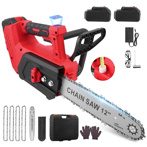 12 Zoll Akku Kettensäge mit 2x4000mAh, 1200-W-Bürstenlosmotor aus reinem Kupfer, Kettengeschwindigkeit 47,5 ft/s, 3 gehärtete Stahlketten, Sicherheitsverriegelung und Schutzvorrichtung