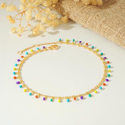 Image of MTMY Gold Anklets for Women 14K Gold Plated Tiny Bead Anklet Colorful Tassel Foot Chain Dainty Adjustable Cute Summer Beach Boho Anklets Jewelry Gift
