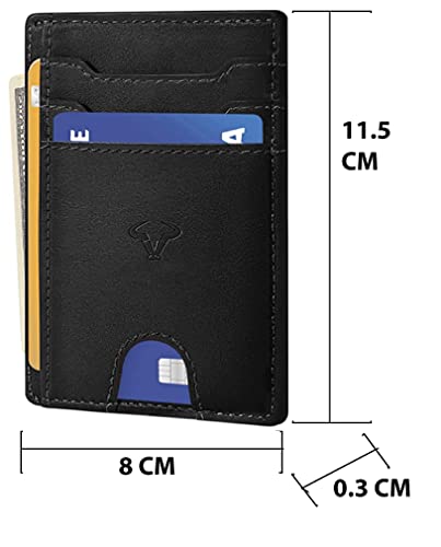 Image of Contacts Genuine Leather Slim Wallet | RFID Blocking Skinny Minimal Thin Front Pocket Wallet Sleeve Card Holder for Men | Up to 7 Card Slots Including 1 ID Window (Black)