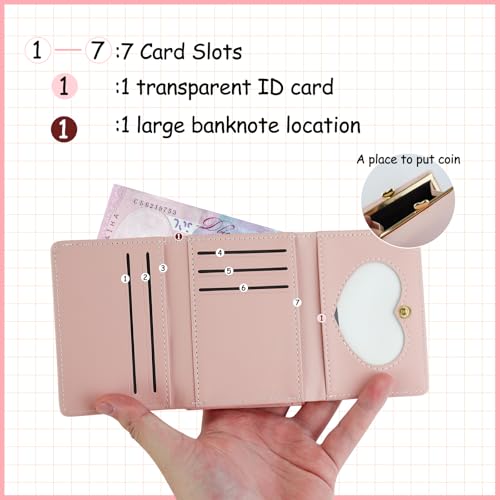 Andiker Women’s Wallets, Cute Trifold Purses for Women Small Size PU Leather Credit Card Holders for Women with Multi Card Slots ID Window Coin Metal Lock Buckle Pocket (Pink)4