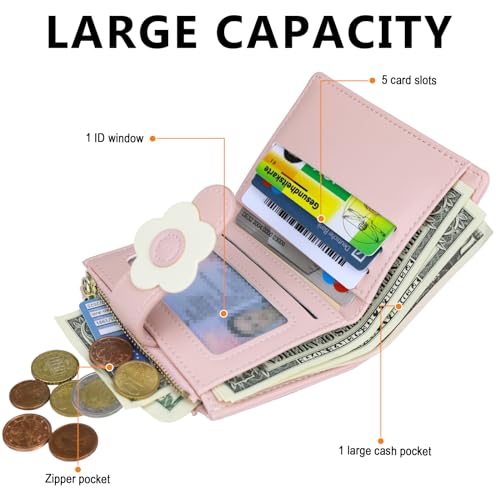 Cute Pink Small Wallet for Women Minimalist 3D Flower Leather Coin Purse and Credit Card Holder with ID Window Kawaii Travel Cash Wallet for Ladies4