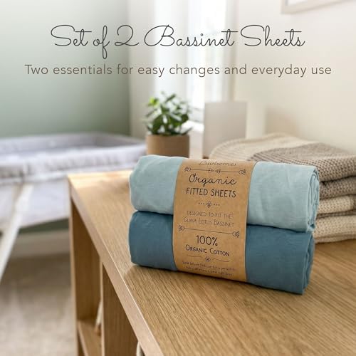 Image of 100% Organic Cotton Bassinet Sheets for Guava Lotus Bassinet, 2 Pack - Breathable Soft Fitted Bassinet Sheets for Baby & Newborn, Unisex (Blue Tones)