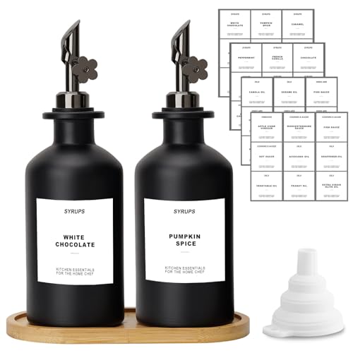 sunal Essig und Ölflaschen Set,2er pack Schwarz Olivenöl Spender Set,350ml/11,8 oz Glas Ölspender,Olivenöl flaschen mit Tablett,beschwertem Ausgießer und 40 wasserfestem Etikett&Silikon Trichter