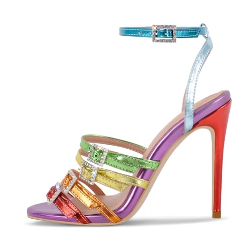 sexytag Women's Rhinestone Buckle Metallic Ankle Strap Strappy High Heel Sandals Multicolor Open Toe Party Stilettos Heels