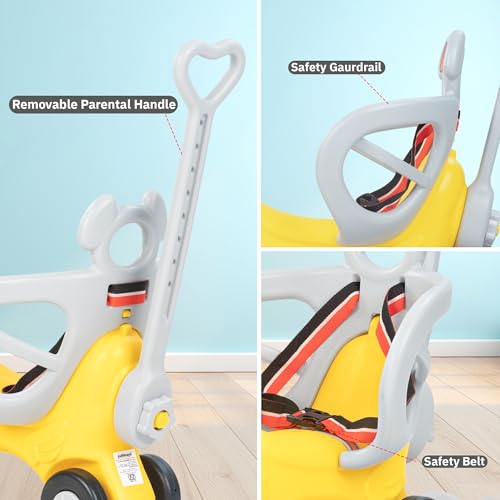 Image of 3 in 1 Baby Rocking Horse Ride On Car for Kids | Baby Rocking Chair with Parental Handle, Balance Board, Safety Guardrail & Belt | Push Ride On Toy Car for Kids 1-3 Years (Yellow)