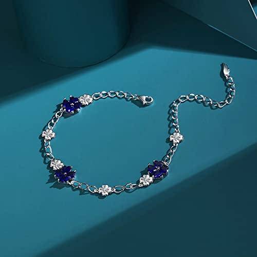 Image of JIANGXIN Lucky Four leaf clover 925 Sterling Silver Birthstone Chain Link Bracelet for Women Gemstone Jewelry Shamrock Birthday Gift 16+4cm