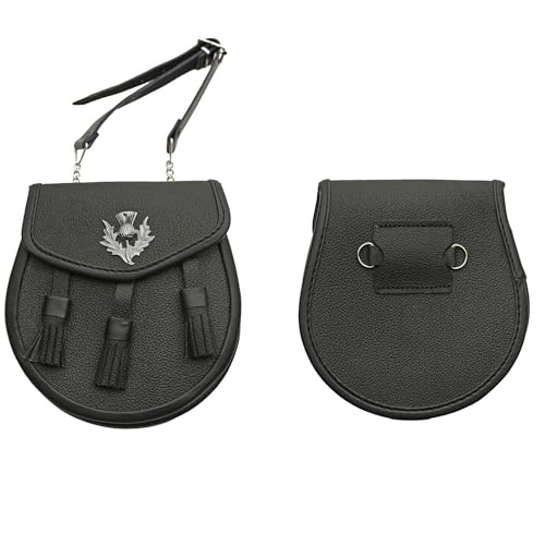 SZCO Medieval Sporran 8 Inch - Thistle Badge Leather Pouch with Tassels - Scottish Kilt Sporran with Chain Belt for Men - Medieval Bag for Costume & Renaissance Accessories