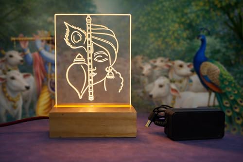 Image of Krishna with Flute LED Night Lamp, Acrylic Engraved Design with Wooden Base, Home Decor Mandir Gift Item with Power Adapter