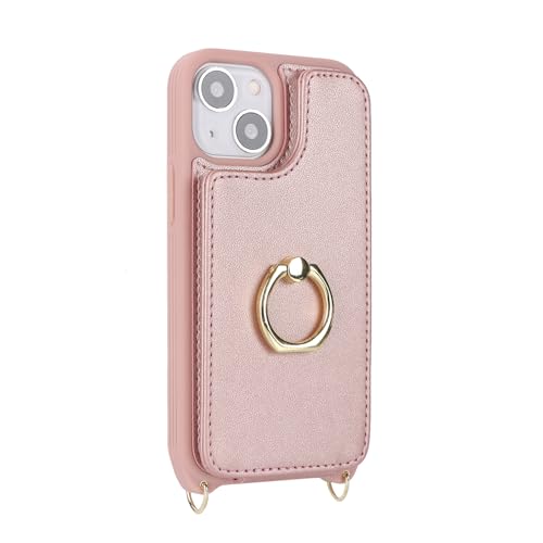 Image of for iPhone 13 Mini Case with Card Holder and Strap for Women,Crossbody Lanyard,Kickstand Ring Stand,Snap Clasp,RFID Blocking,Phone Wallet Cases 5.4 inch(Rose Gold)