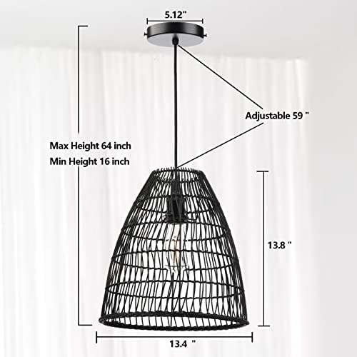 Hoonex Rattan Light Fixture, Rattan Chandelier 13.8" H X 13.4" W, Wicker Pendant Light Shade, Boho Modern Handmade Lighting For Dining Room Bedroom Kitchen Island, Black #TOP5