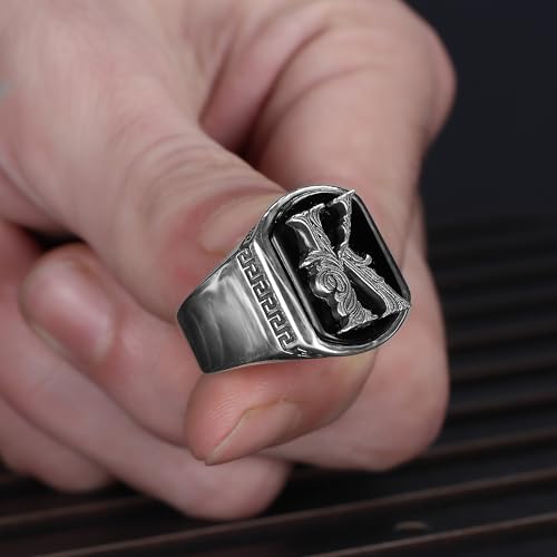 925 Sterling Silver Personalized Ring for Men, Onyx Stone Silver Ring, Modern Design Men's Ring, Customizable Letter Ring, Silver Initial Men Ring, Monogram Silver Ring, Gift for Men3